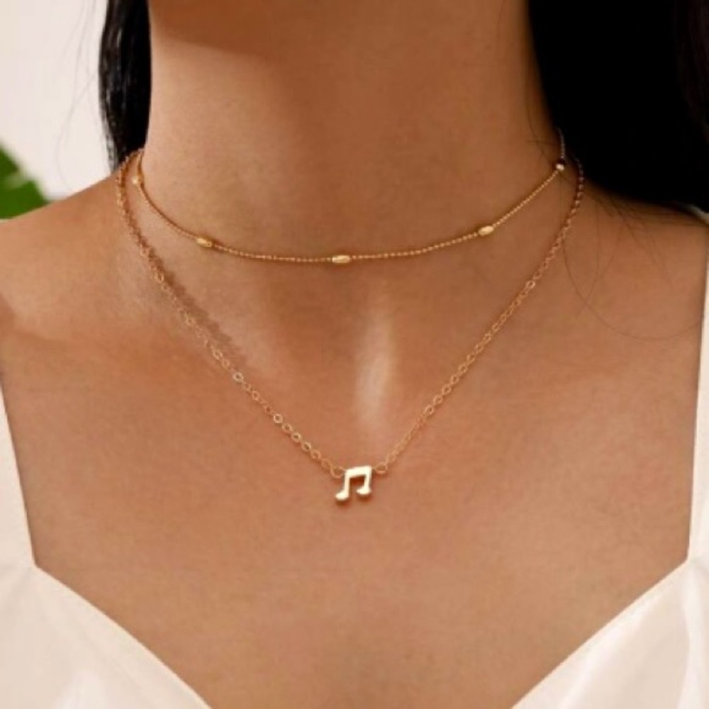 BOUTIQUE Faux Gold Musical Note Layered Choker Necklace - 17”
